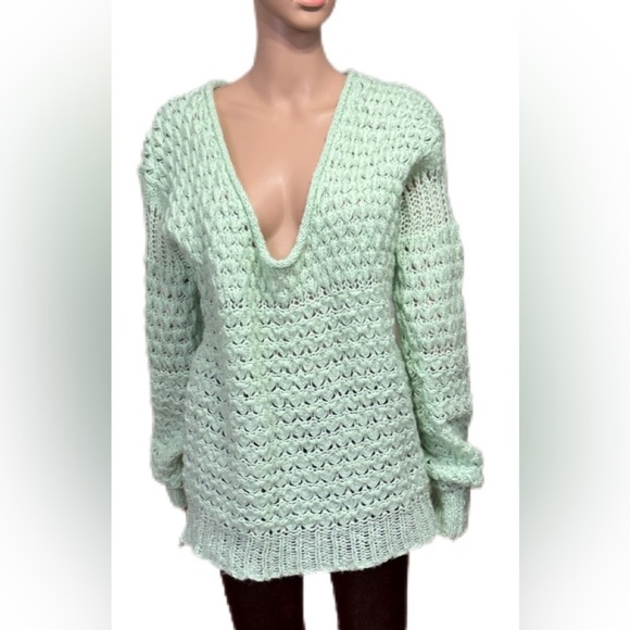 Free People Open Knit Sweater XS Mint Green Slouchy Boho Pullover - Picture 3 of 8